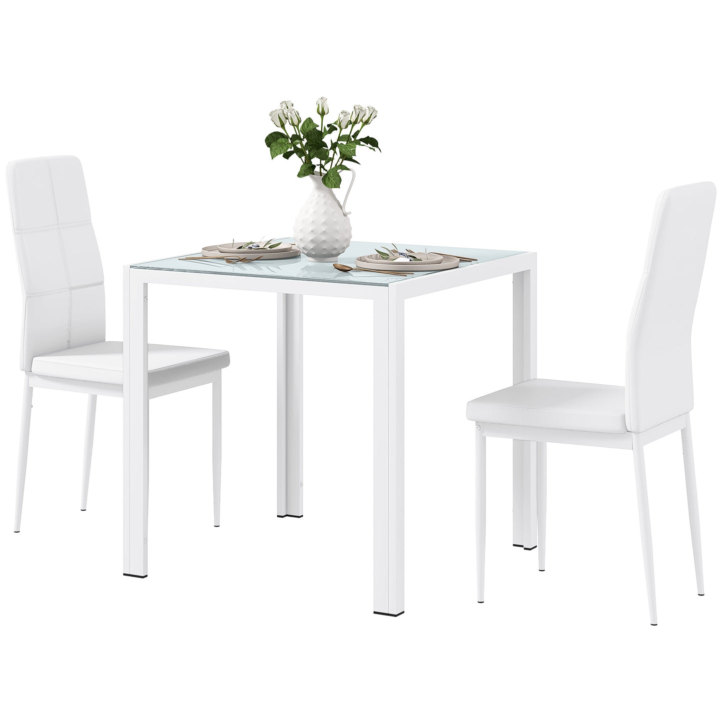 Ensemble de tables et chaises en verre avec structure en métal et revêtement en similicuir pour salle à manger, blanc