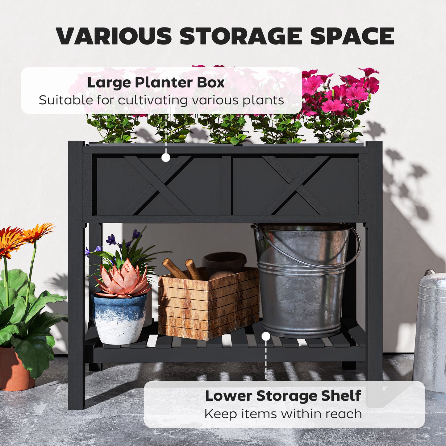 Wooden Raised Bed with Storage Shelf, Drainage Holes and Liner, 86 x 45 x 76 cm, Black
