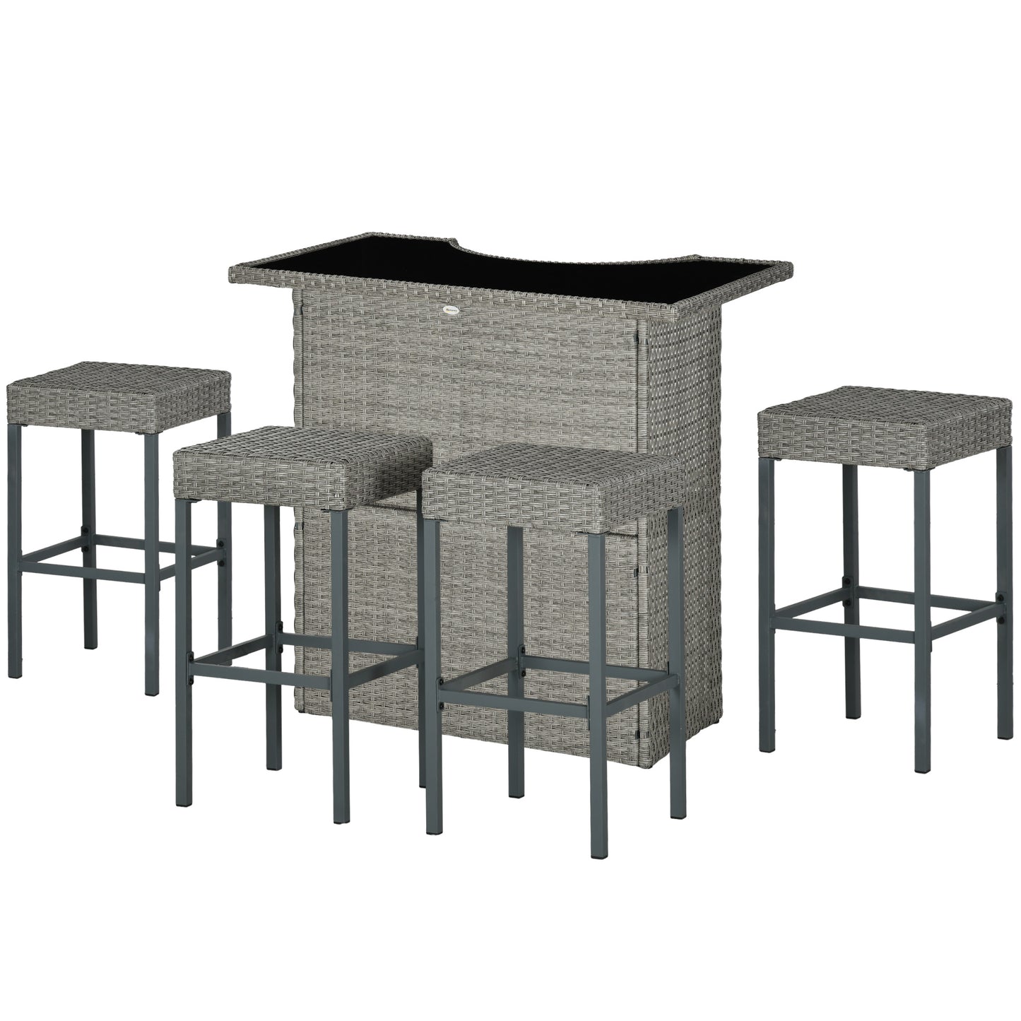 Ensemble de bar de terrasse 5 pièces, table et chaises hautes en rotin synthétique, avec plateau en verre trempé, gris