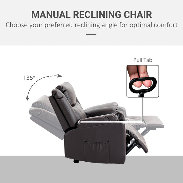 Faux Leather Recliner Chair with Footrest and 2 Side Pockets, Brown