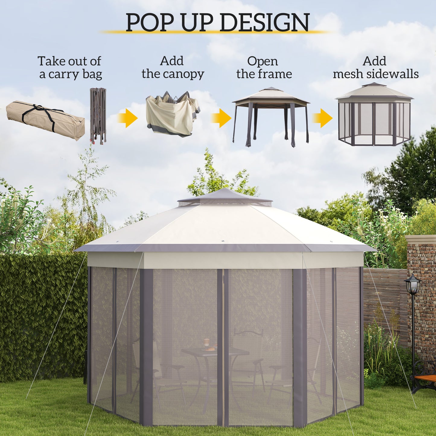 Gazebo pliant 13' x 13' avec filet et sac de transport, hexagonales, café et beige