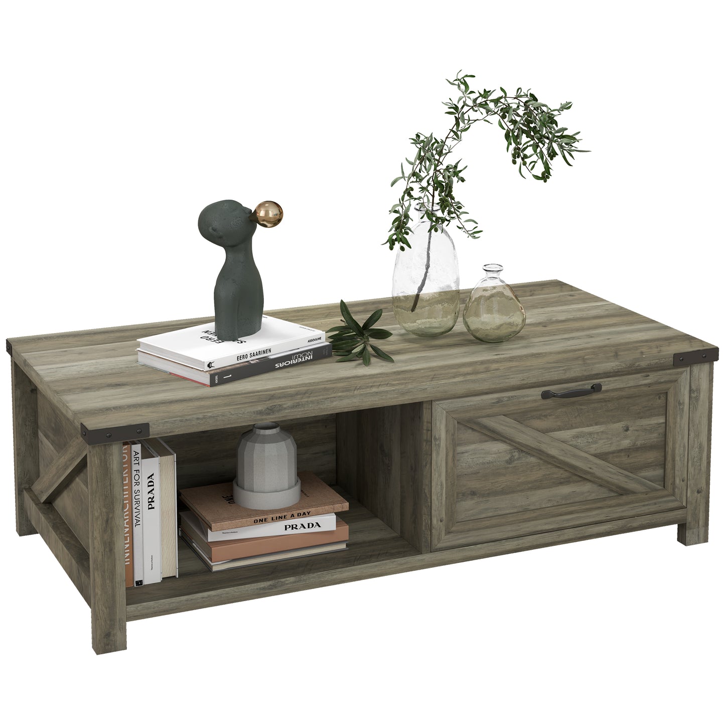 Table basse rustique avec tiroir et étagère de rangement, gris