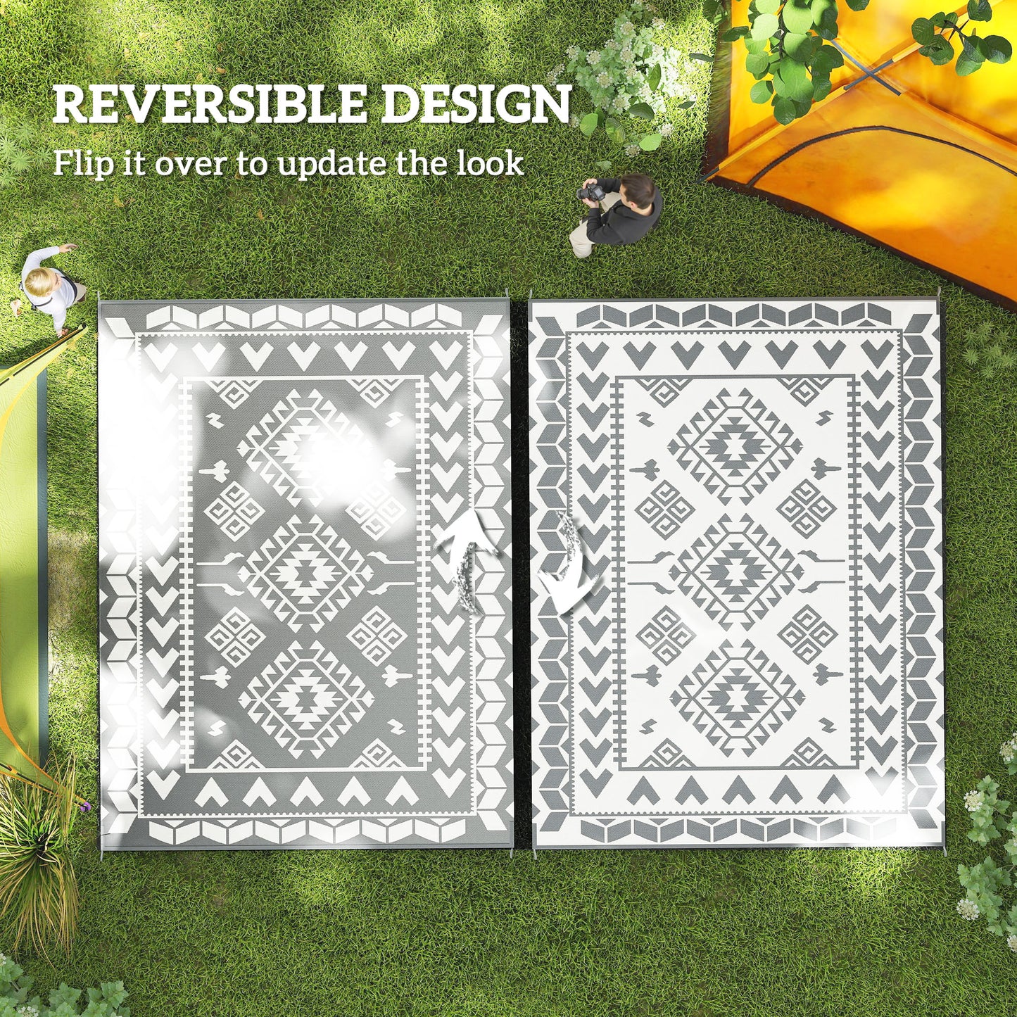 9' x 12' Outdoor RV Mat, Reversible Floor Mat with Carry Bag, Diamond Patchwork Pattern, Gray and White