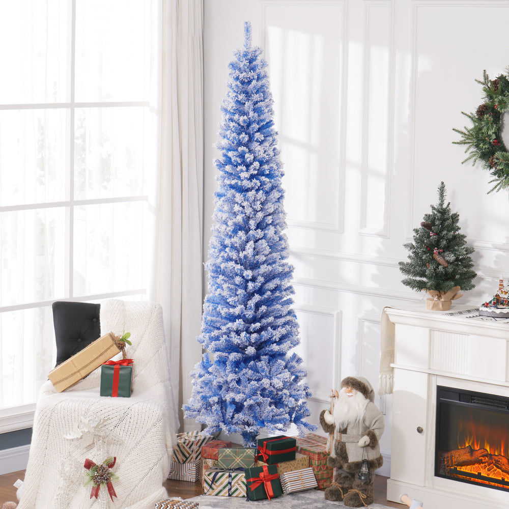 Sapin de Noël bleu givré de 7,3 pieds en forme de crayon