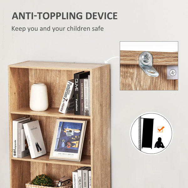 Bibliothèque à 5 niveaux avec tablettes réglables, bois naturel