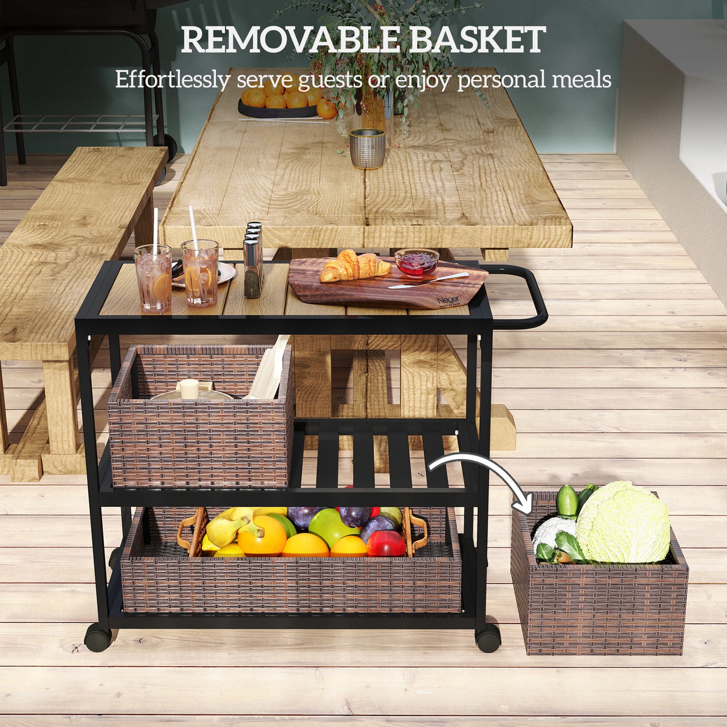 Outsunny Outdoor Bar Cart with Side Handle, 3 Tier Rolling Cart with Removable Rattan Basket, Mixed Brown