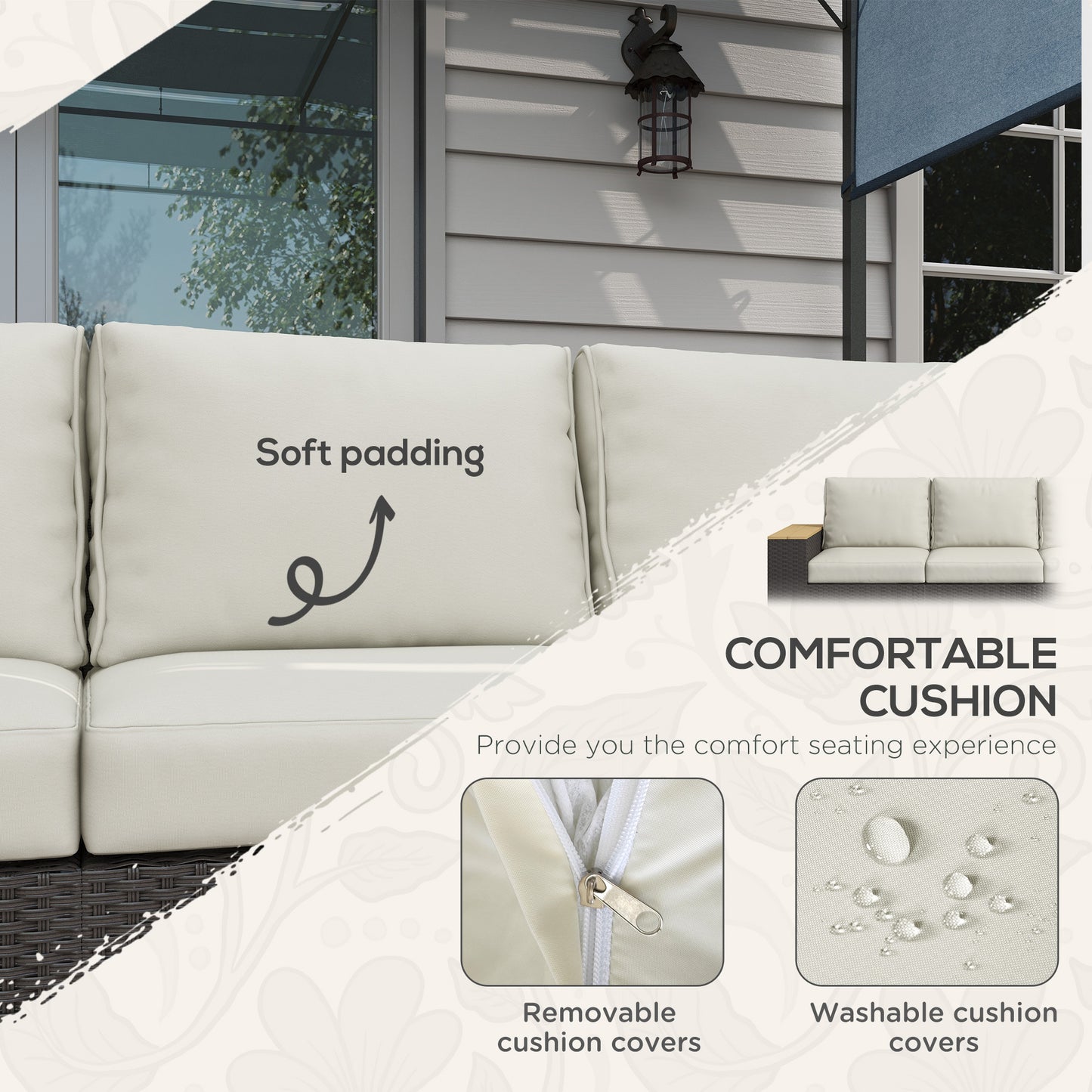 Outsunny 3 Seater Outdoor Sofa with Cushions, Synthetic Rattan Patio Sofa with Woodgrain Armrests, Outdoor Sofa for Porch, Veranda, Garden, Poolside, Cream White