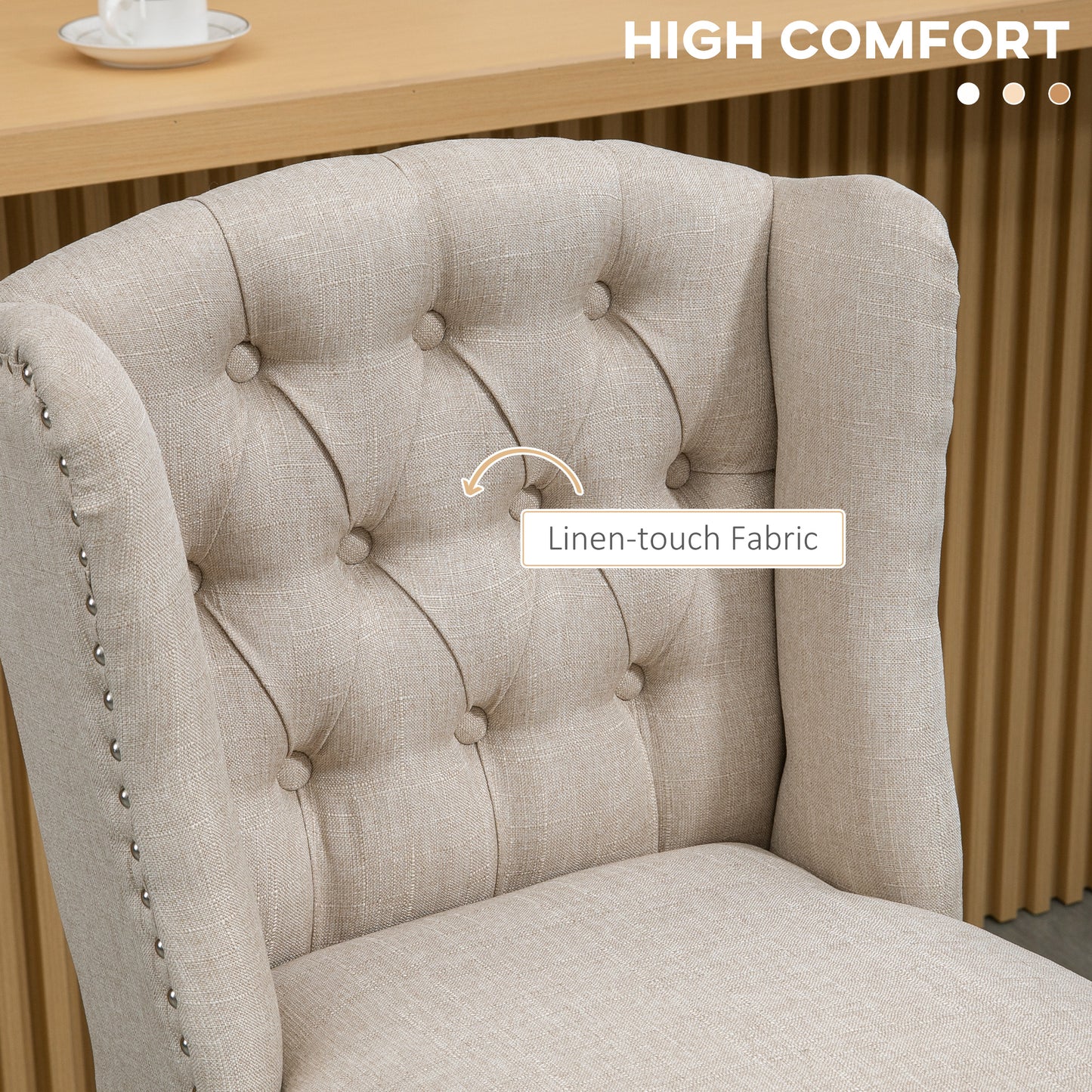 Lot de 2 tabourets de bar, rembourrés avec dossier clouté et repose-pieds, beige