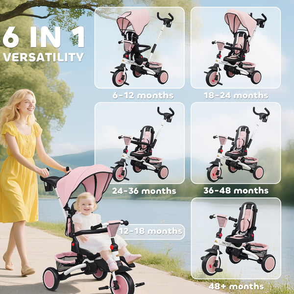 Tricycle 6 en 1 avec poignée de poussée, auvent amovible, siège pivotant, rose
