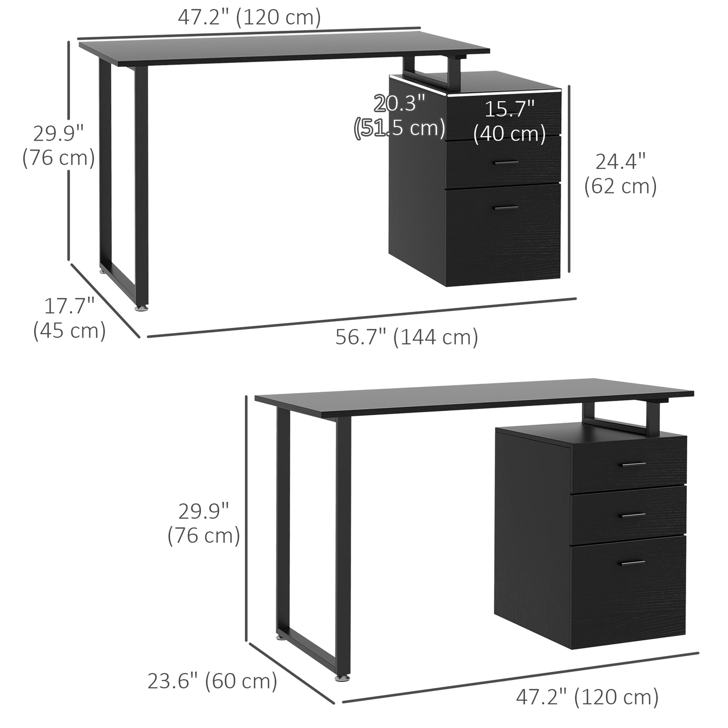 Bureau d'ordinateur moderne avec tiroirs de rangement, noir
