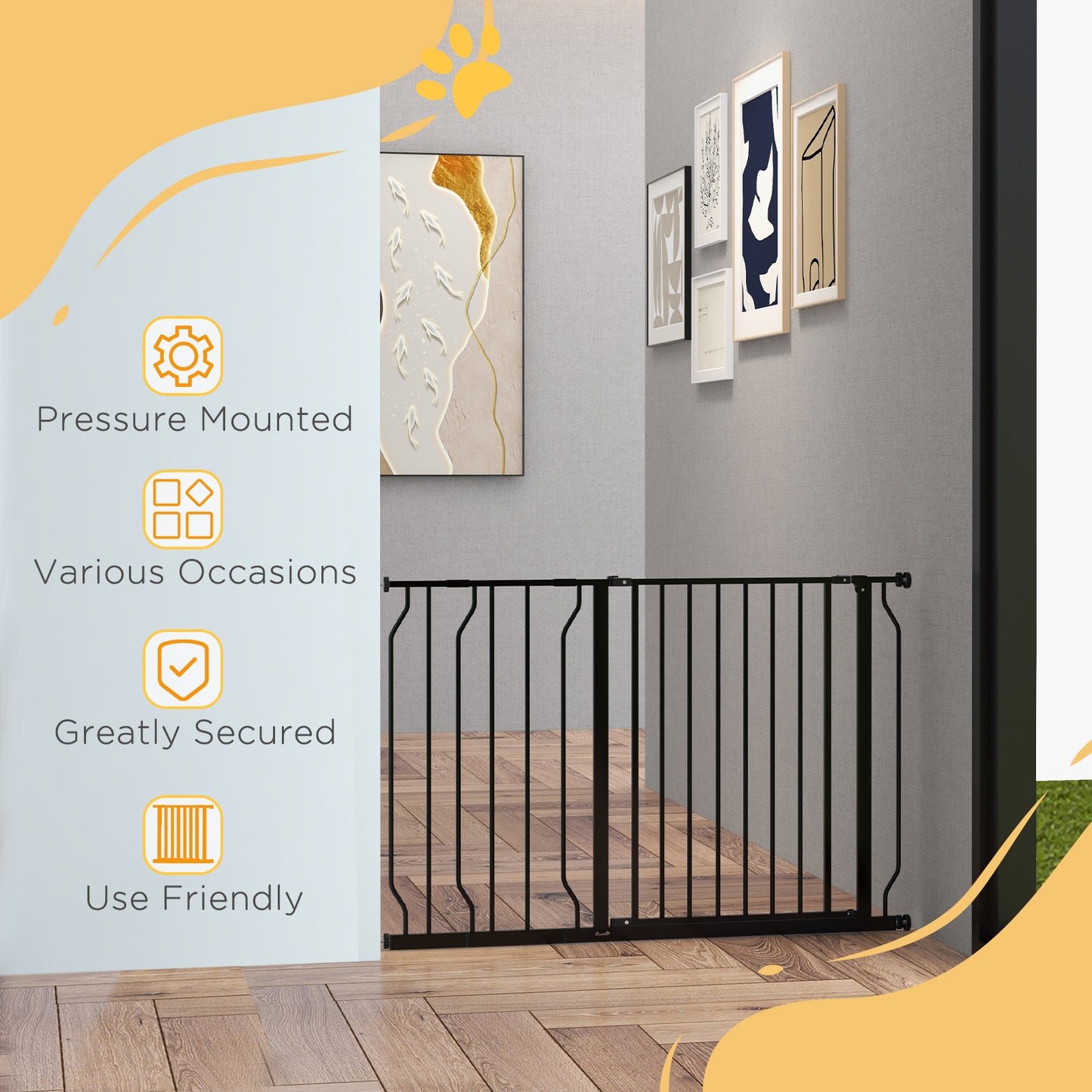 Barrière pour animaux PawHut 76 à 114 cm, installation facile, avec porte et système de double verrouillage, barrière extra large pour escaliers et couloirs, noire