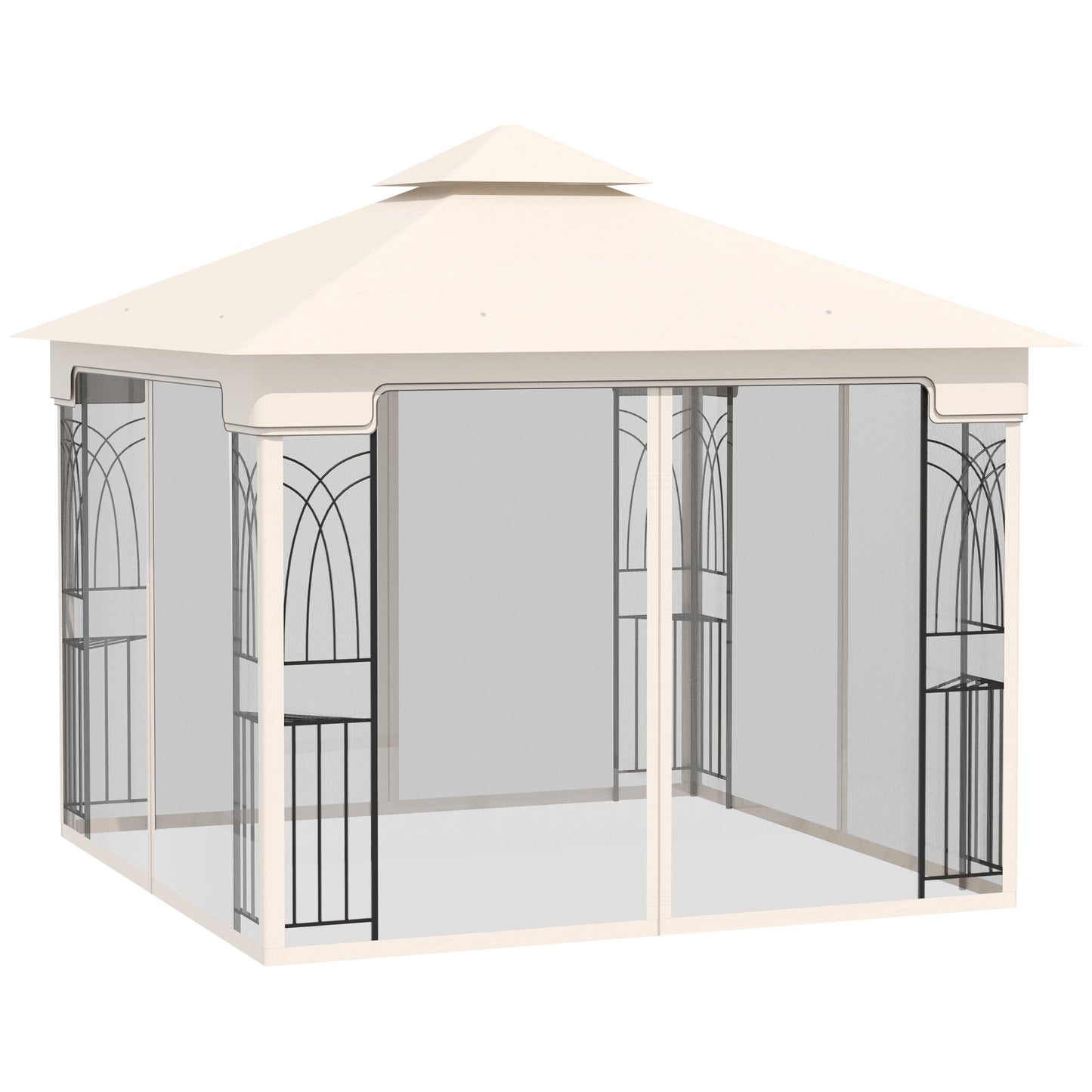 Gazebo de terrasse 10'x10' à toit souple avec toit à deux niveaux, rideaux en maille, étagères de présentation, crochets supérieurs, couleur crème