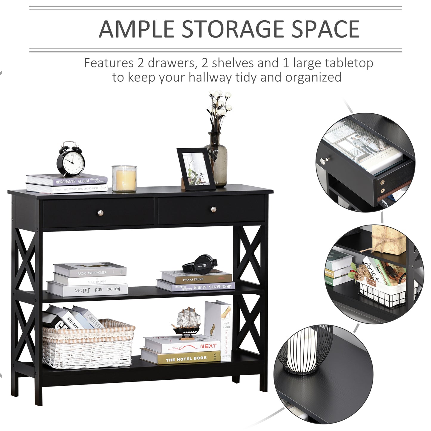 Console d'appoint avec Étagères de Rangement tiroirs et cadre en X, Noir