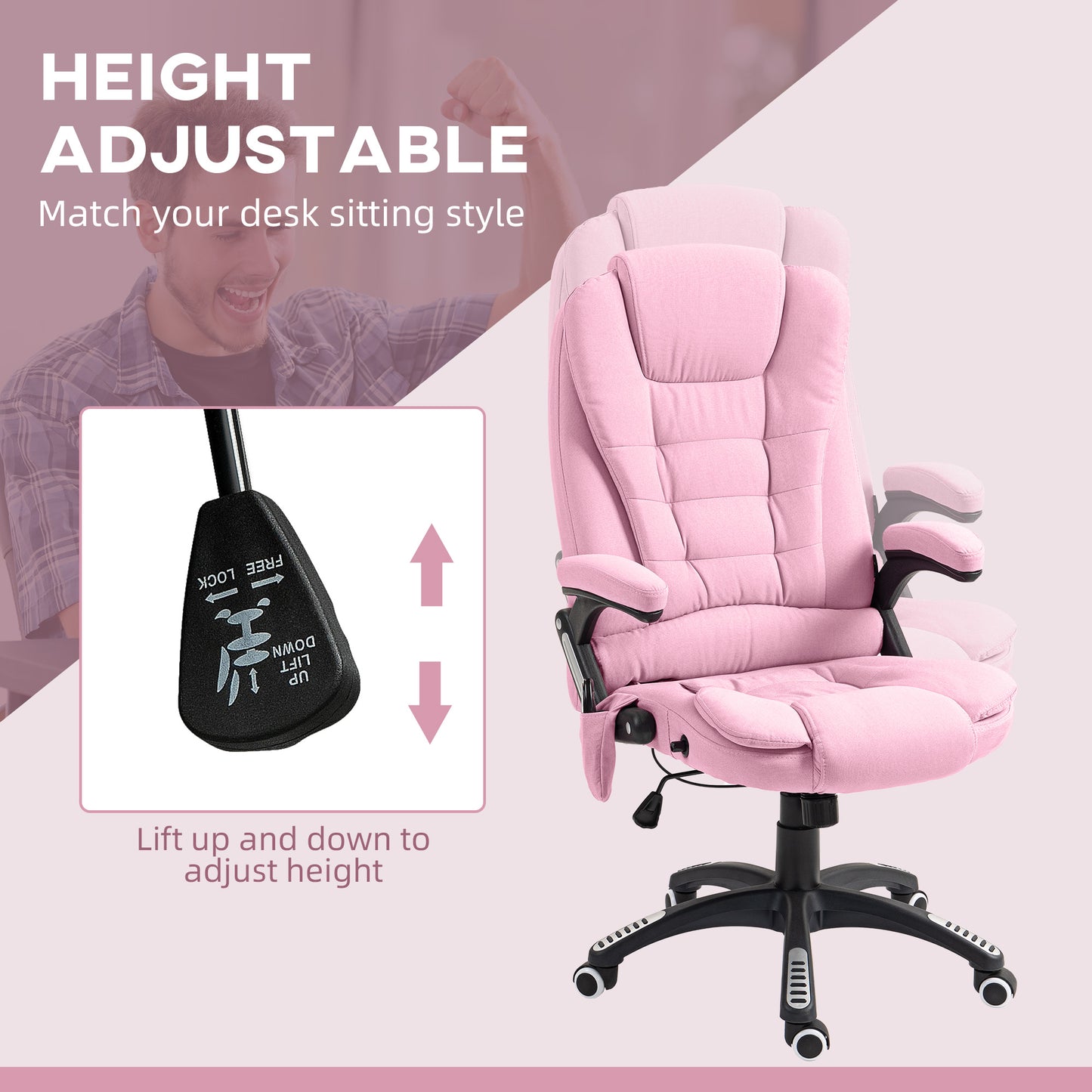 Office Chair with 6 Vibrating Massage Points, High Back, Reclining, Swivel Casters, Pink