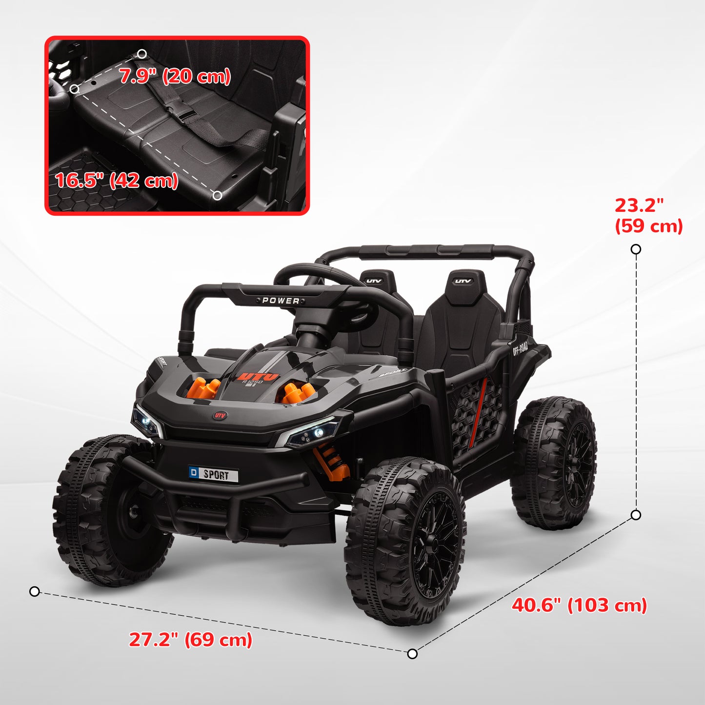12V Kids Car, Remote Control Truck, Spring Suspension, LED Headlights, 3 Speeds, Black