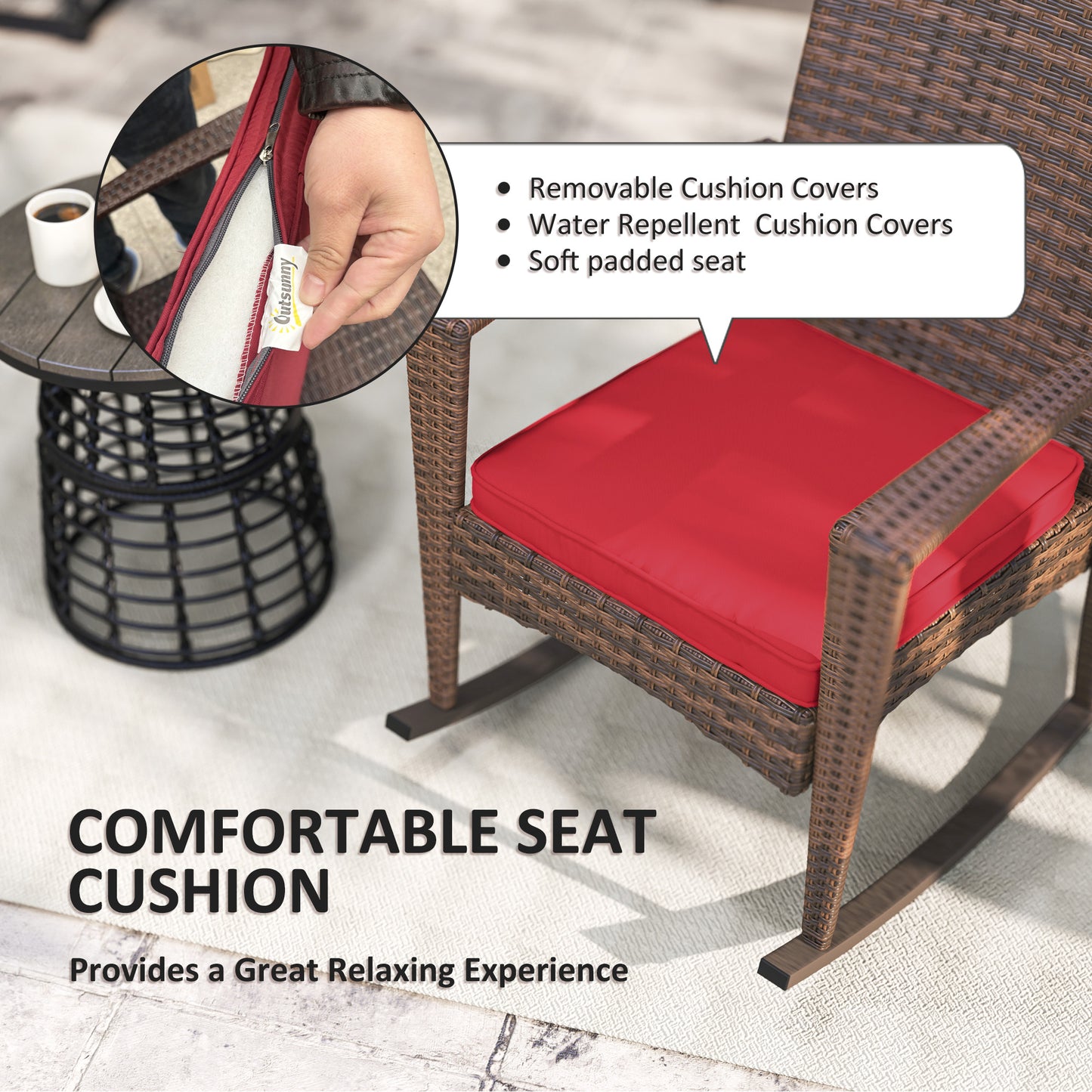 Fauteuil à bascule en rotin synthétique pour extérieur, bordeaux