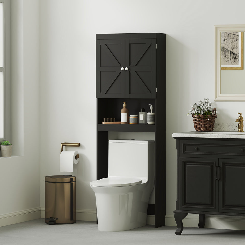 Meuble de rangement pour salle de bain moderne, avec portes de grange et étagère ouverte, noir