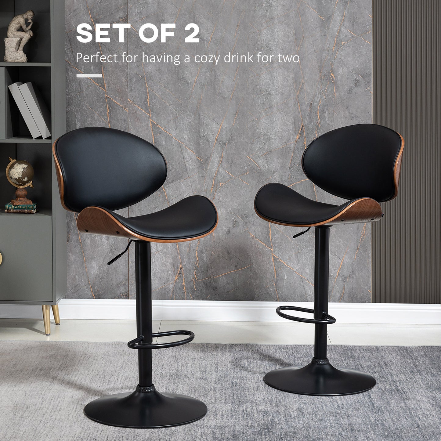 Set of 2 Modern PU Leather Adjustable Swivel Bar Stools with Curved Backrest, Steel Footrest and Base, Black