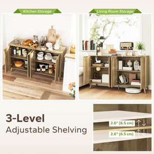 Buffet moderne avec 4 portes cannelées et 2 étagères réglables pour cuisine et salon, Naturel