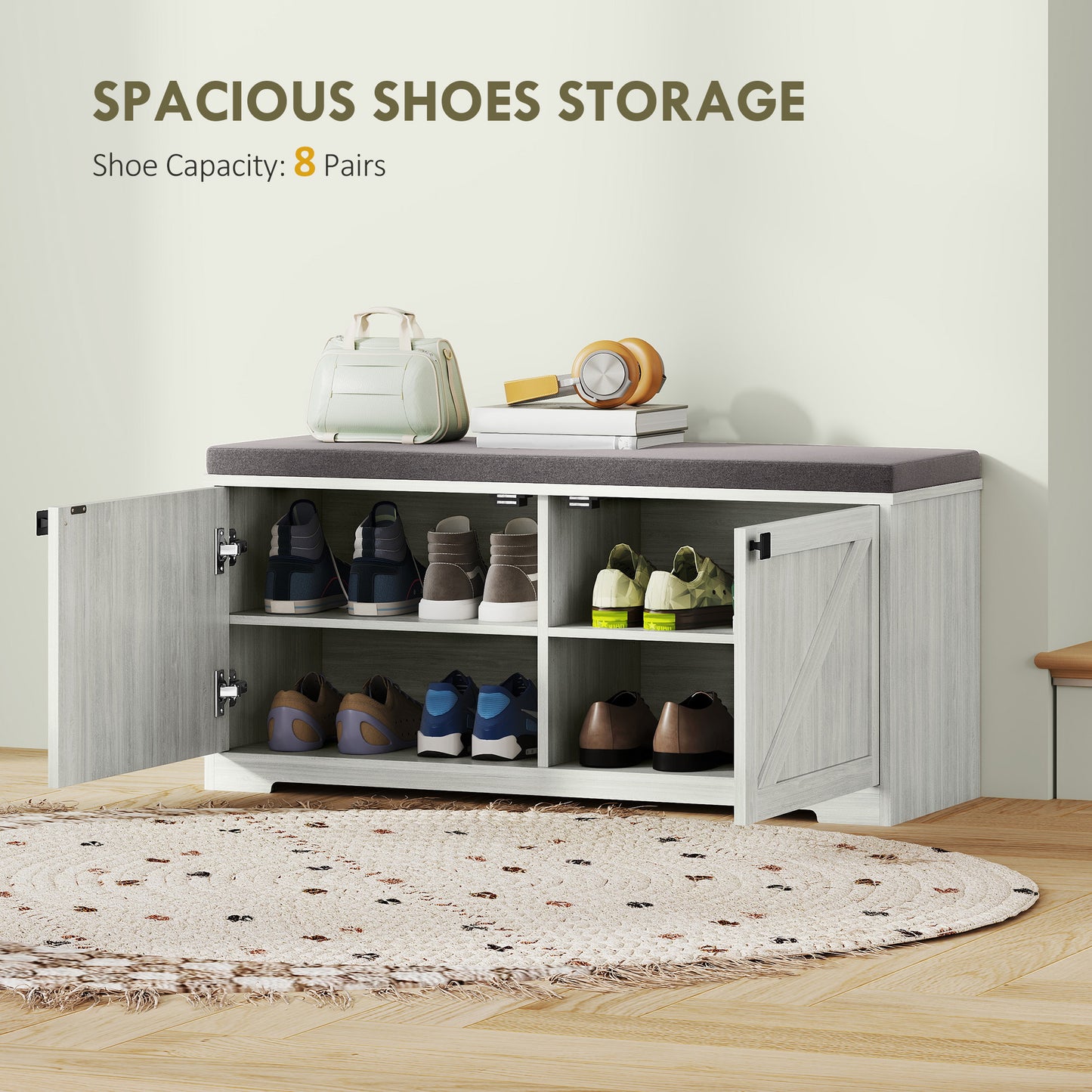 Shoe Storage Bench with Padded Seat, Shoe Organizer, 8 Pairs, Light Grey