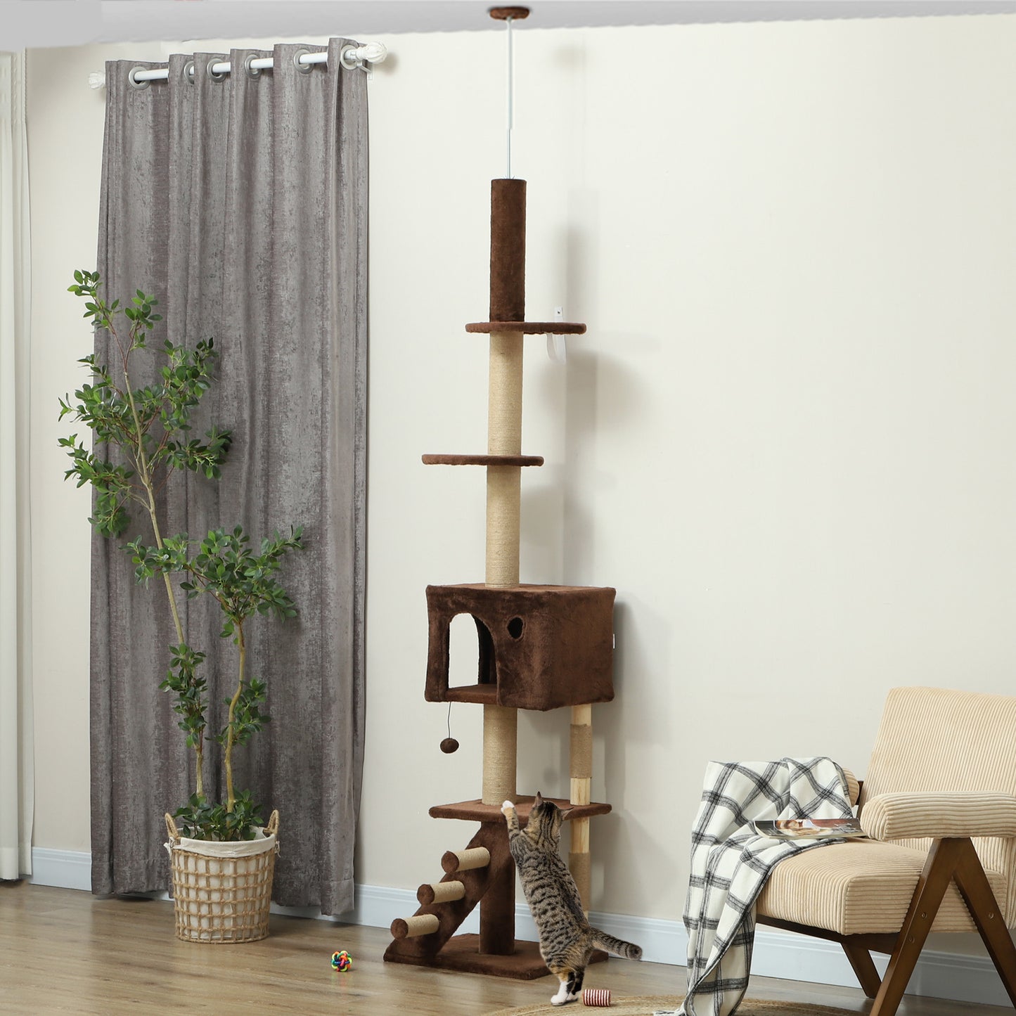 Arbre à chat marron de 226 à 264 cm avec griffoir, maison pour chat, 3 marches et boule suspendue – aire de jeu verticale pour chats