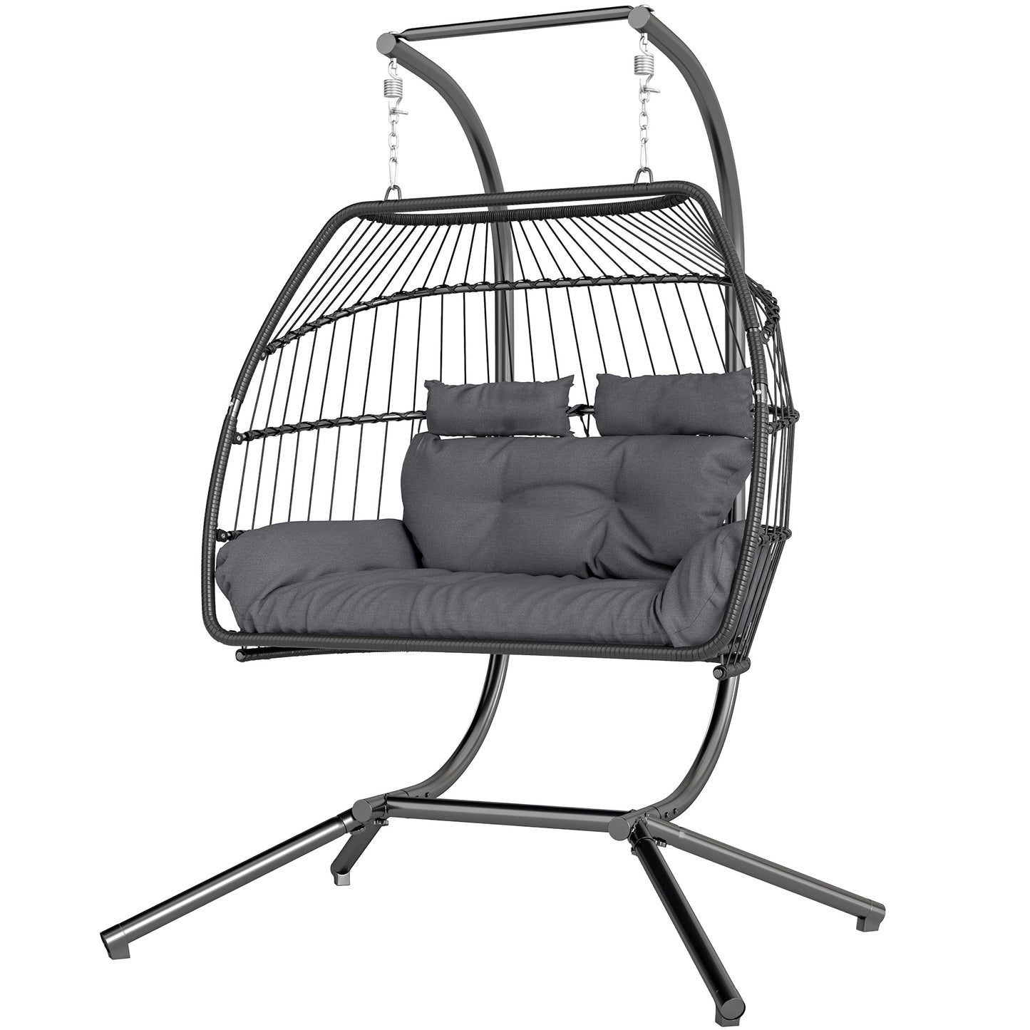 Outsunny Balancelle double en osier avec support, pliable et suspendue, coussin résistant aux UV, appui-tête, gris foncé