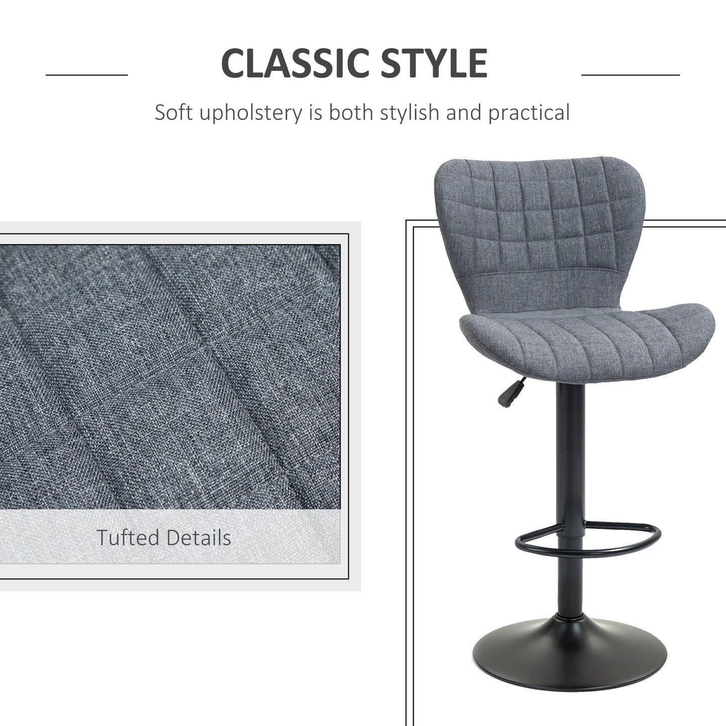 Set of 2 bar stools, adjustable height, swivel, gray