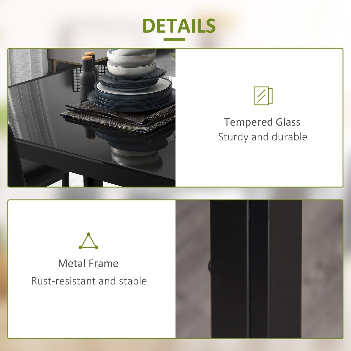 HOMCOM 5 Piece Rectangular Glass Kitchen Table and Chair Set with Metal Frame and Faux Leather Upholstery for Dining Room, Black