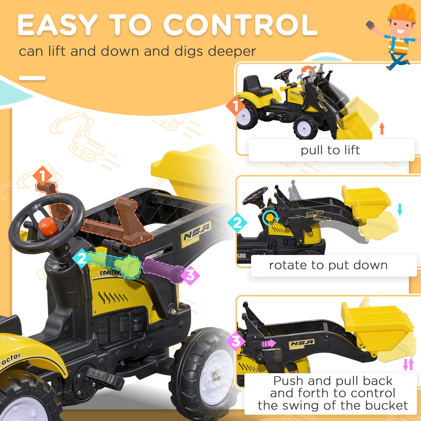 Pedal Tractor for 3 Year Old Kids, Pedal Construction Vehicle with Front Loader, Yellow