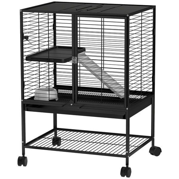 Cage roulante pour petits animaux avec plateau amovible et étagère de rangement, noire