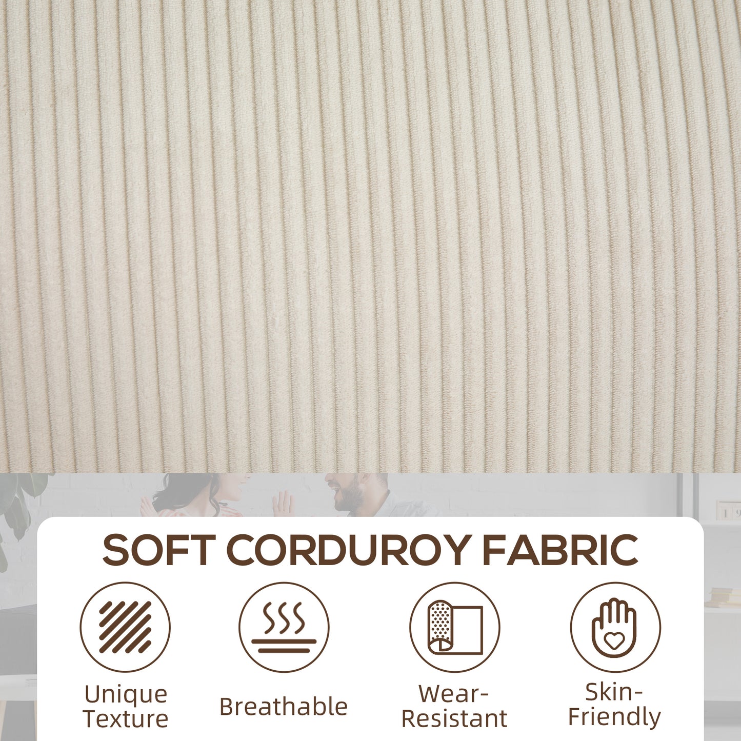 Canapé 3 places en tissu avec coussin à ressorts et porte-gobelets pour salon, chambre, blanc crème