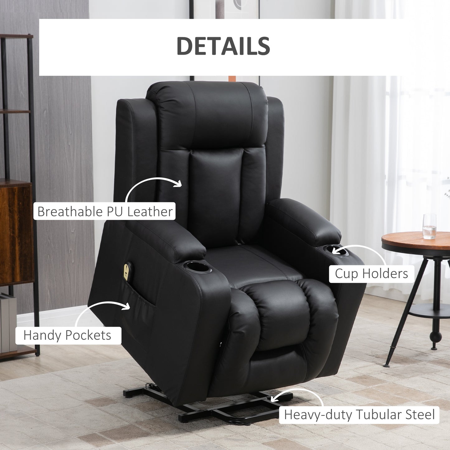 Fauteuil releveur électrique, fauteuil inclinable en cuir PU avec repose-pieds, télécommande, poches latérales et porte-gobelets, noir