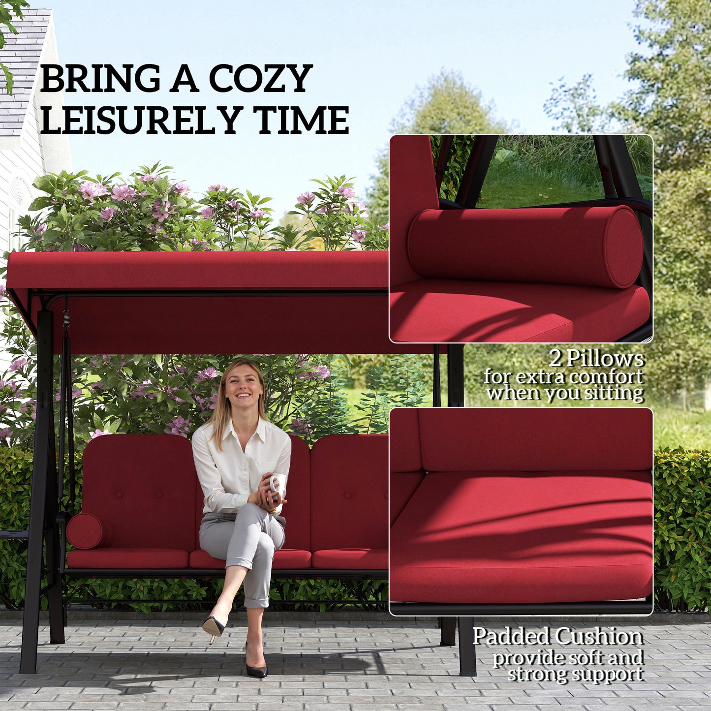 3 Person Outdoor Swing with Steel Canopy and Padded Seat, Wine Red
