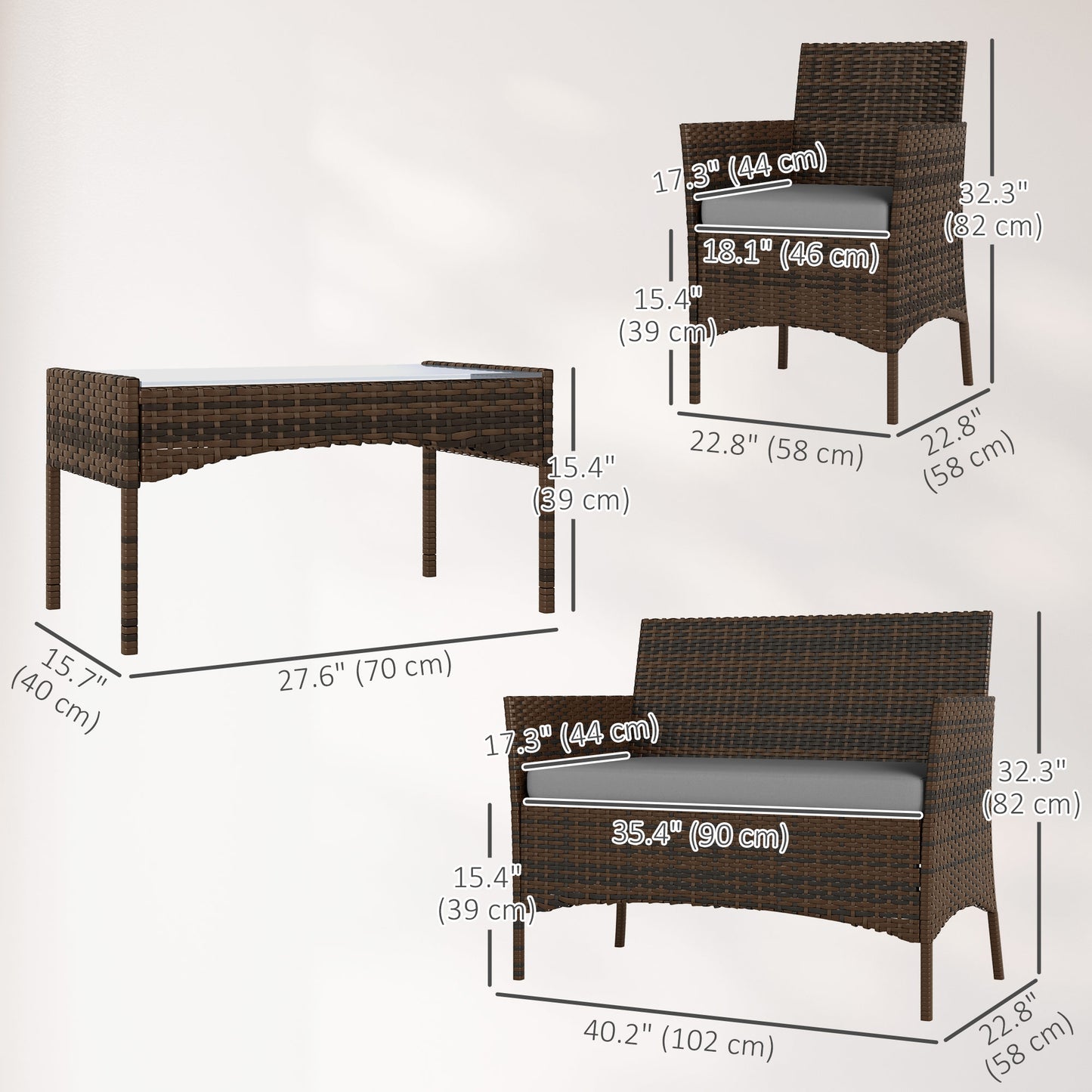 Outsunny 4 Piece Patio Rattan Balcony Wicker Garden Furniture Set with Loveseat, Chairs and Glass Coffee Table Grey