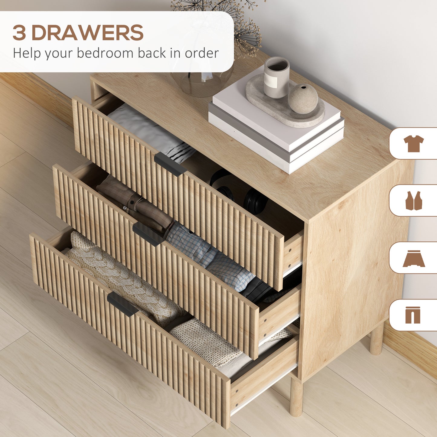 3-drawer bedroom chest of drawers with fluted panels and solid wood legs, oak
