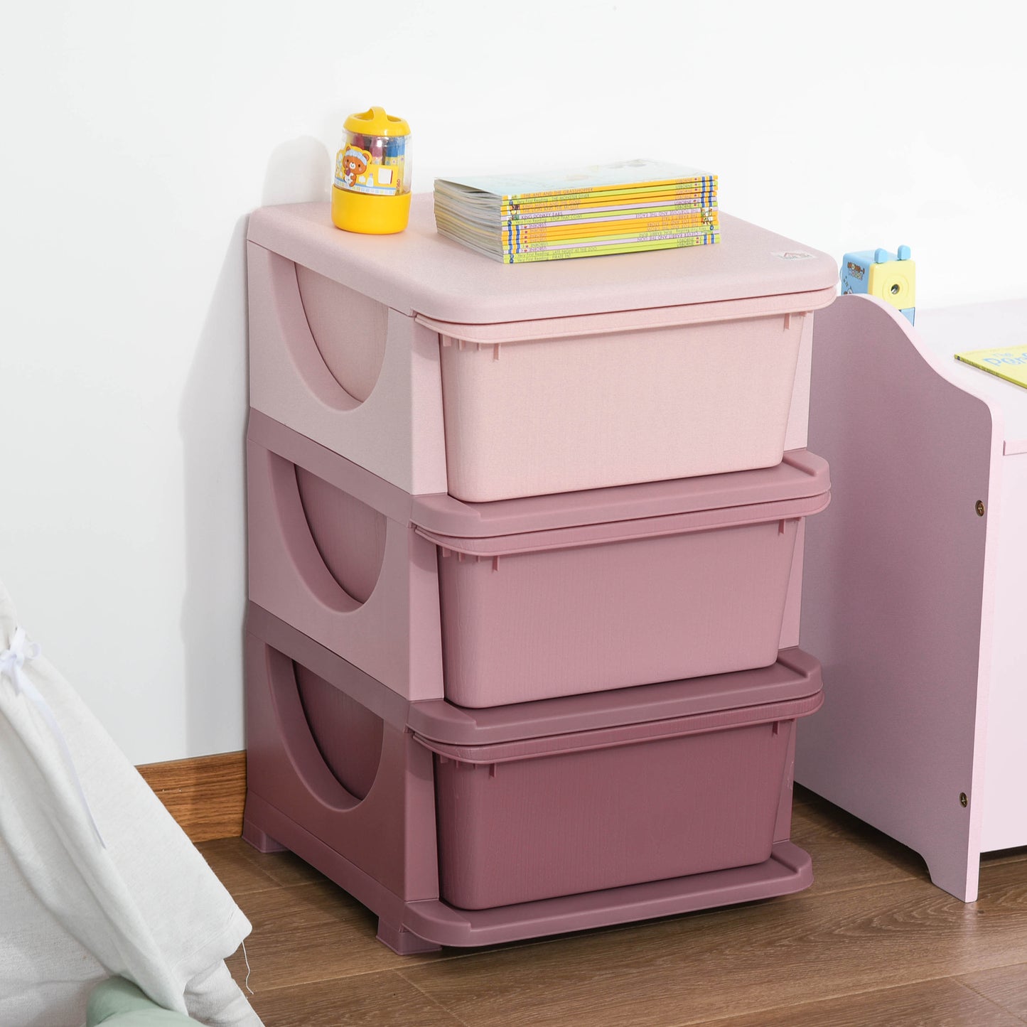 Organiseur de jouets pour enfants à 3 tiroirs en plastique, rose