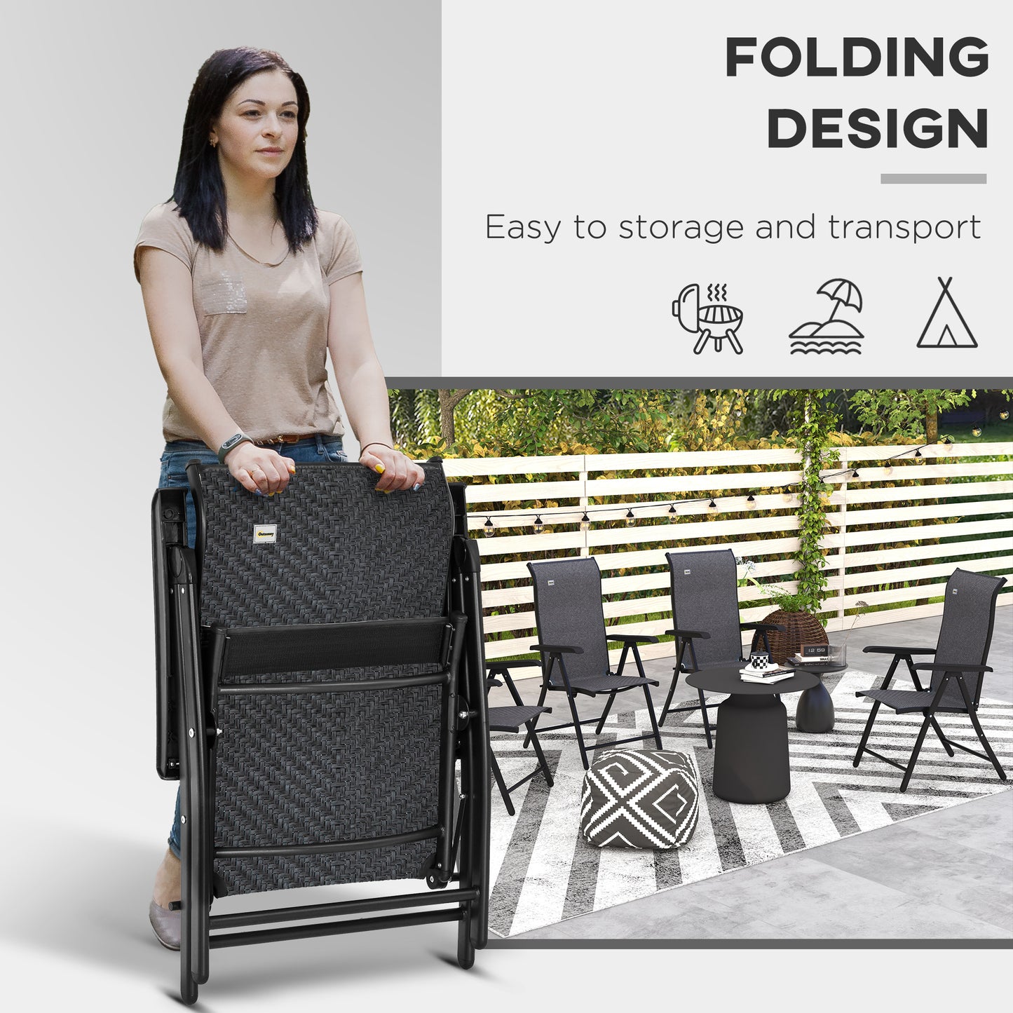 Lot de 2 chaises pliantes d'extérieur en osier avec dossier réglable, gris