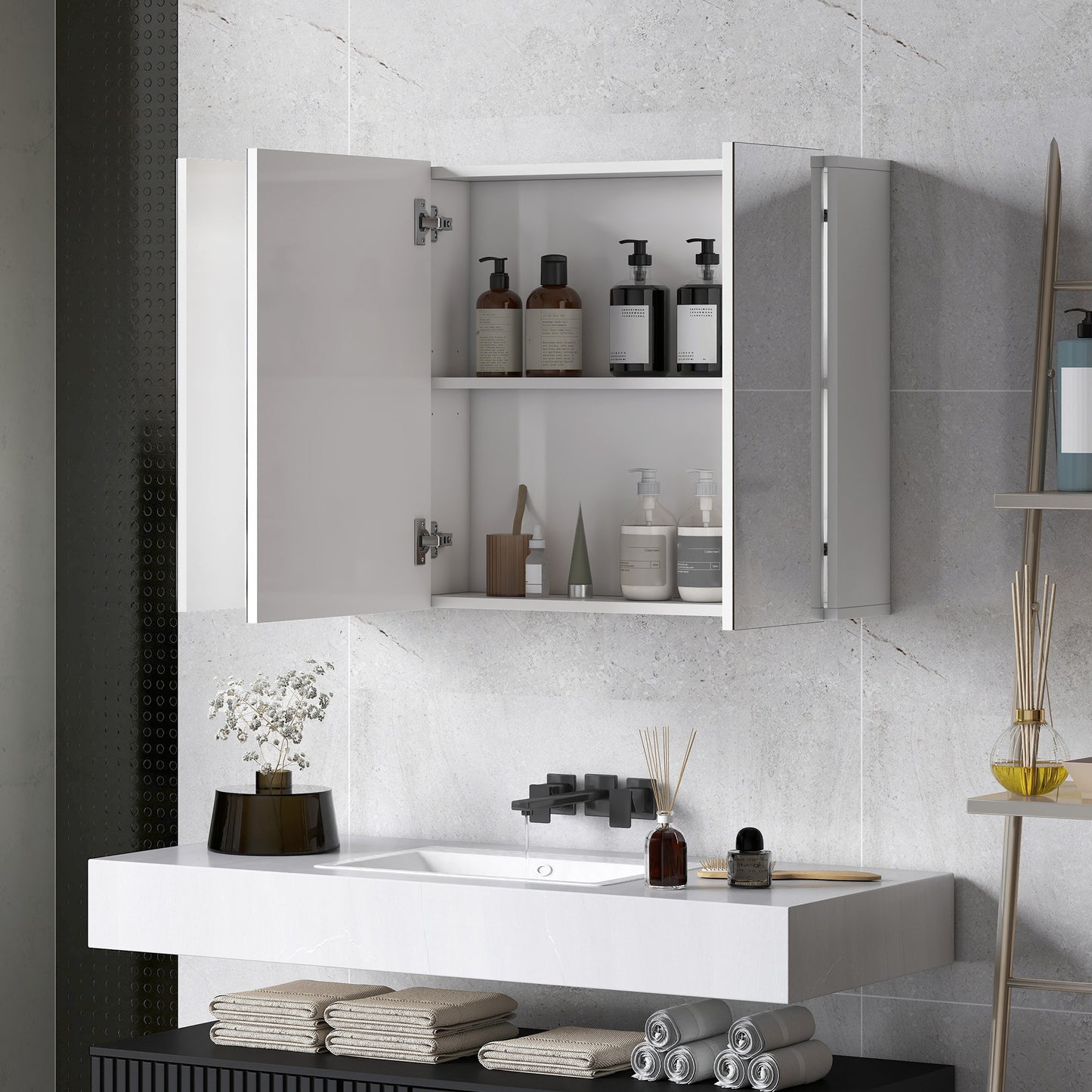 Armoire à pharmacie avec miroir, 3 portes et étagères réglables, blanche