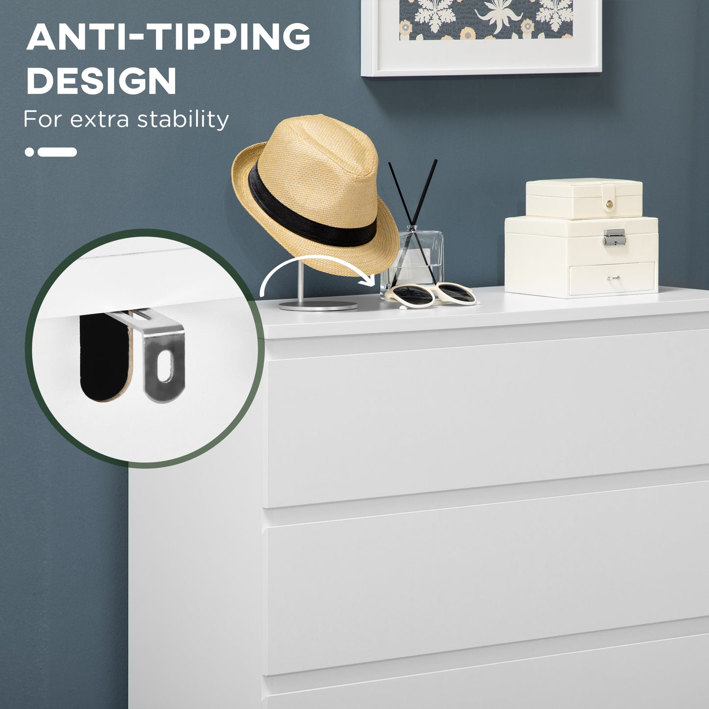 Commode 5 tiroirs pour chambre à coucher avec glissières en alliage de zinc, blanc