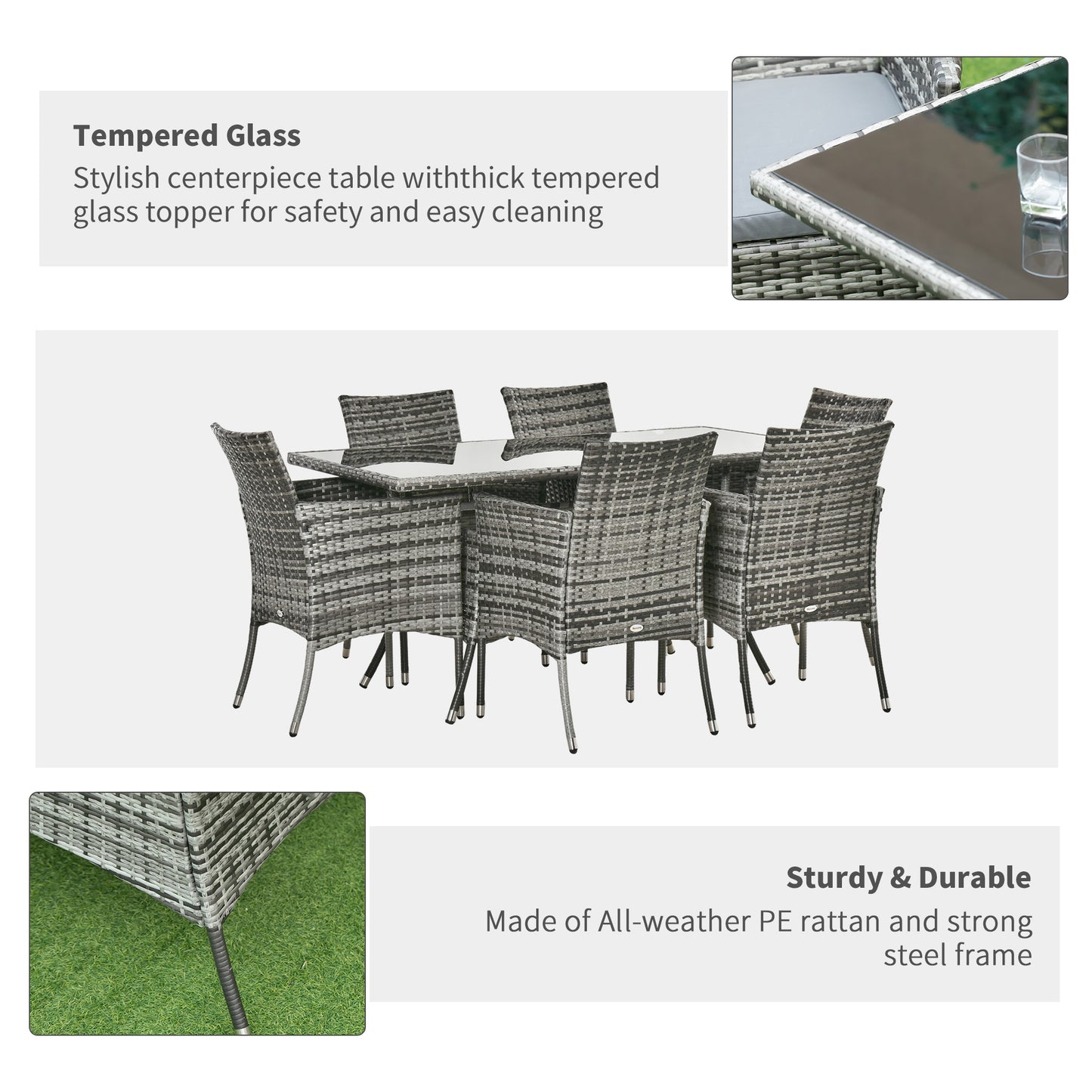 7 Piece Rattan Dining Set with Cushions, Grey