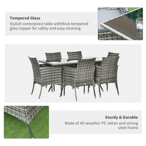 7 Piece Rattan Dining Set with Cushions, Grey
