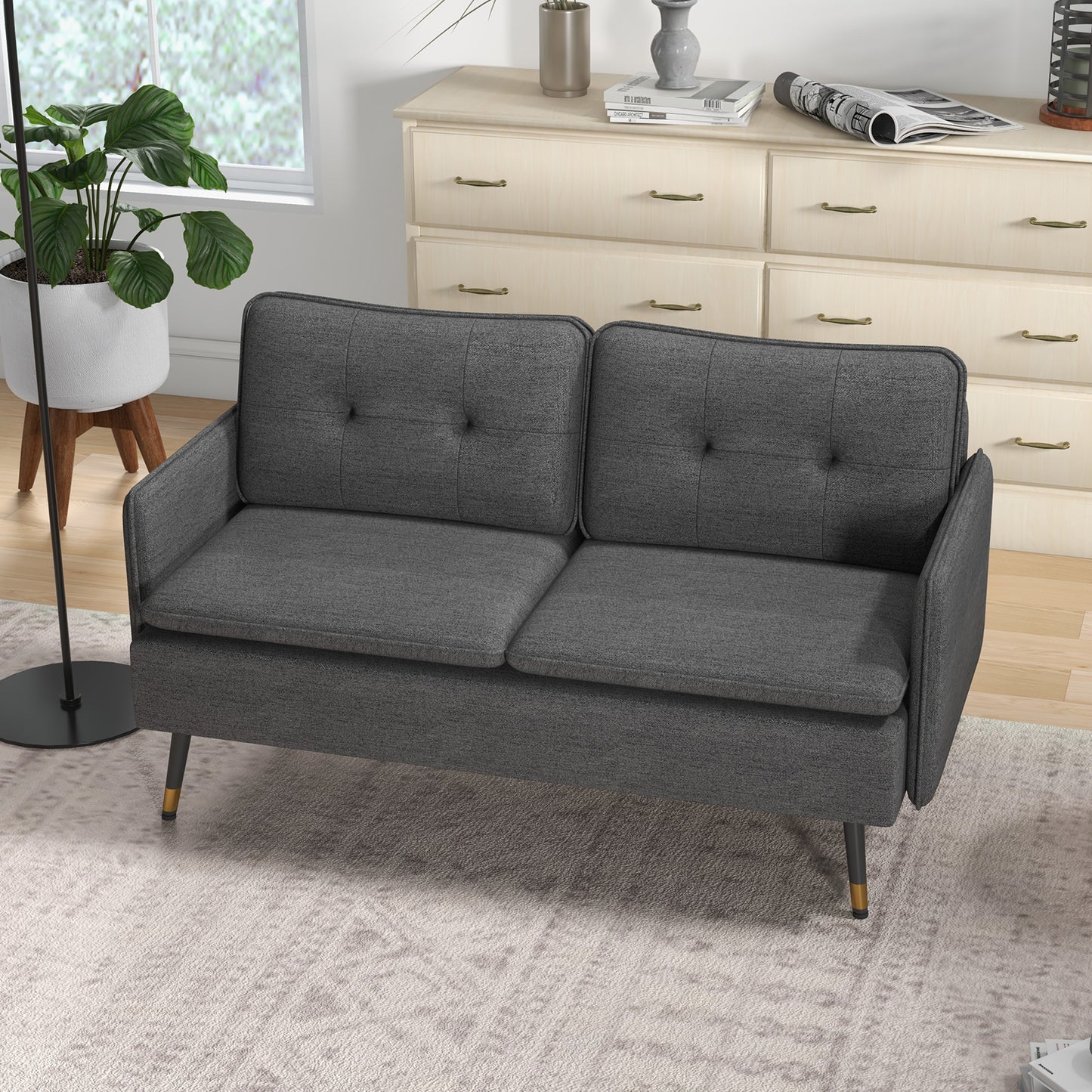 Canapé causeuse moderne 55 pouces, en tissu avec dossier capitonné et pieds en acier, gris foncé