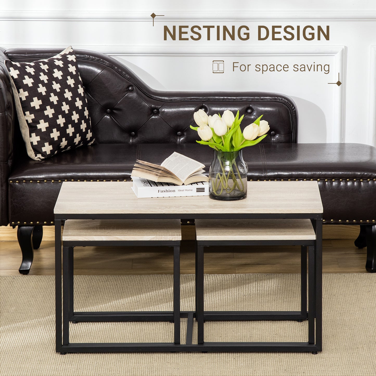 Lot de 3 tables d'appoint modernes avec cadre en métal noir pour salon, naturel