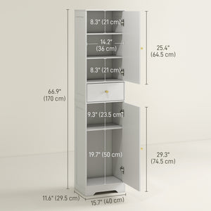 Meuble de rangement fin avec 2 portes, tiroir et étagère réglable, aspect bois blanc