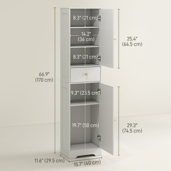Meuble de rangement fin avec 2 portes, tiroir et étagère réglable, aspect bois blanc