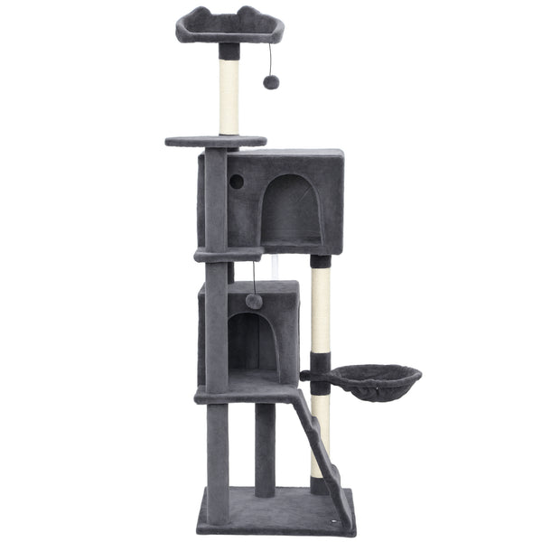 Arbre à chat de 160 cm avec griffoirs, cabanes, perchoirs moelleux, hamac, échelle, gris foncé