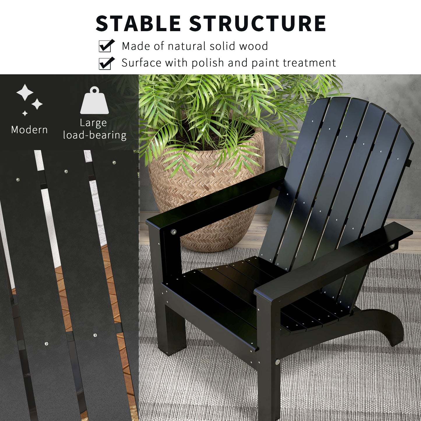 Chaise Adirondack Muskoka en peuplier avec dossier haut et large assise, noire