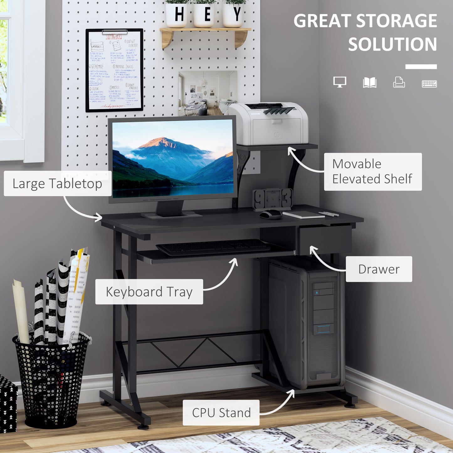 Bureau d'ordinateur avec plateau pour clavier et tiroir, noir