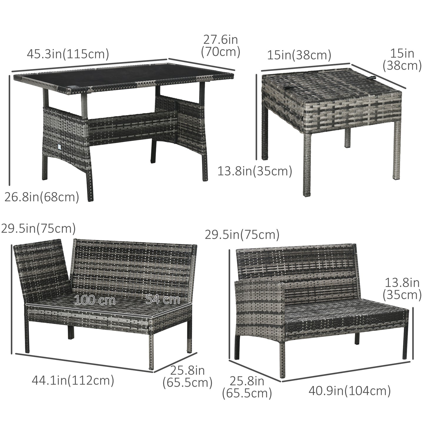 6-Piece Wicker Dining Set with Removable Cushions, Glass Top, 2 Ottomans and Coffee Table, Khaki