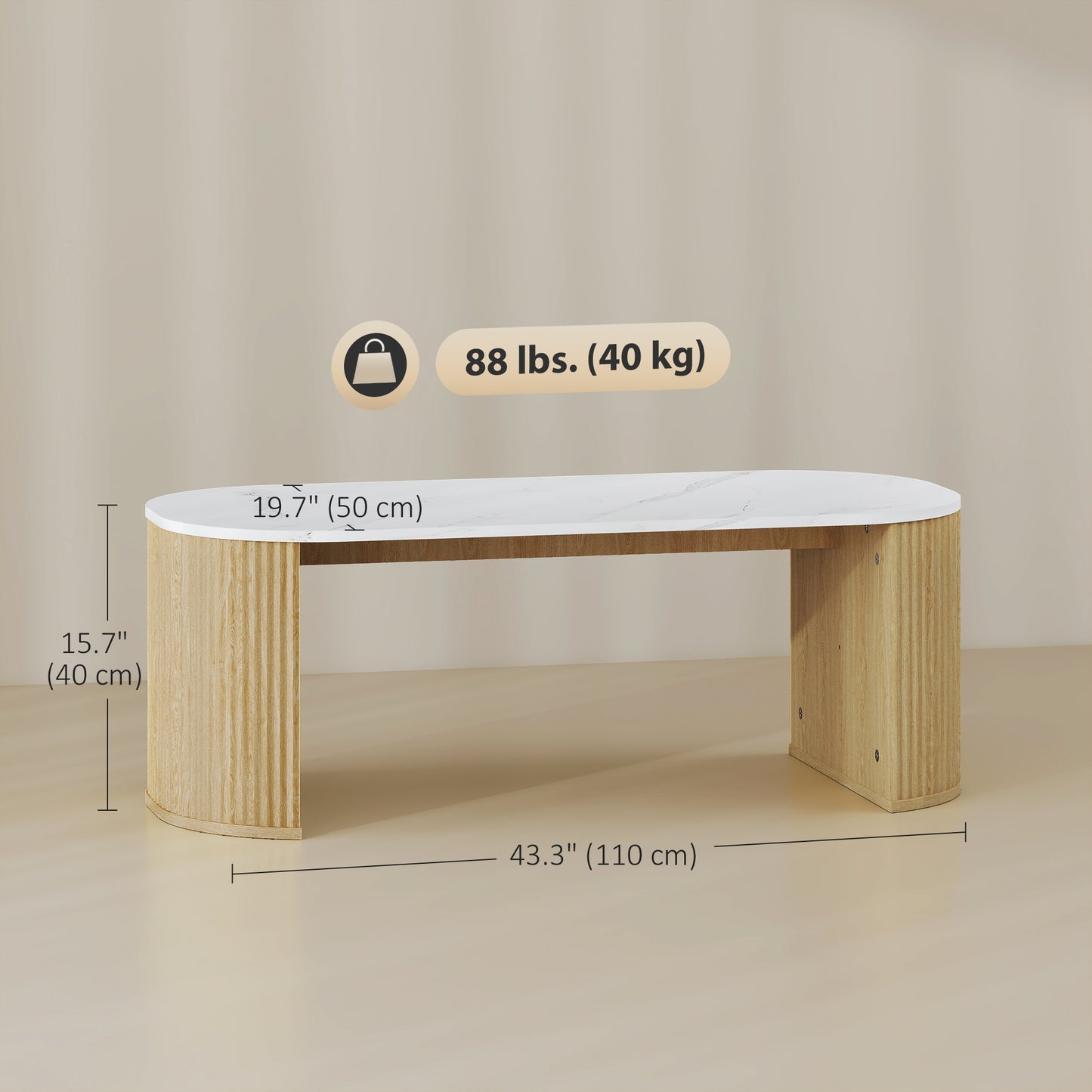 Table de salon moderne effet marbre avec coins arrondis et pieds épais, bois naturel